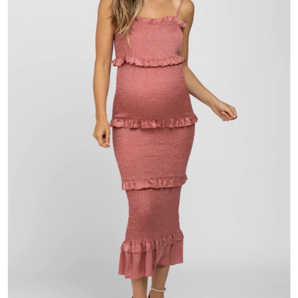 PinkBlush Mauve Satin Smocked Fitted Maternity Midi Dress